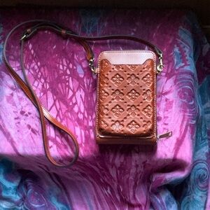 Patricia Nash leather phone and travel case. Tan with signature grape leaves
